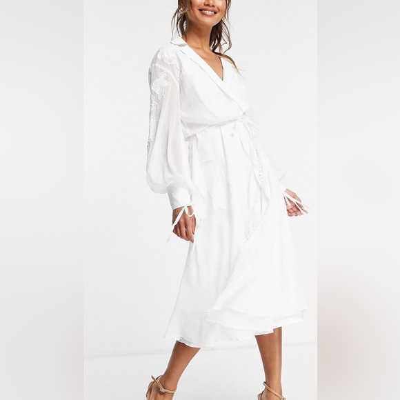 NWOT - ASOS DESIGN Embroidered wrap midi dress with satin & lace trim detail - Picture 3 of 4